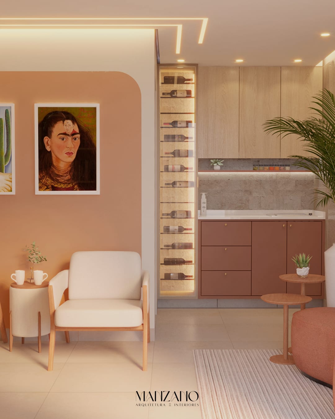 Sala de estar com adega climatizada e poltrona, quadro da Frida Kahlo — Projeto M.G