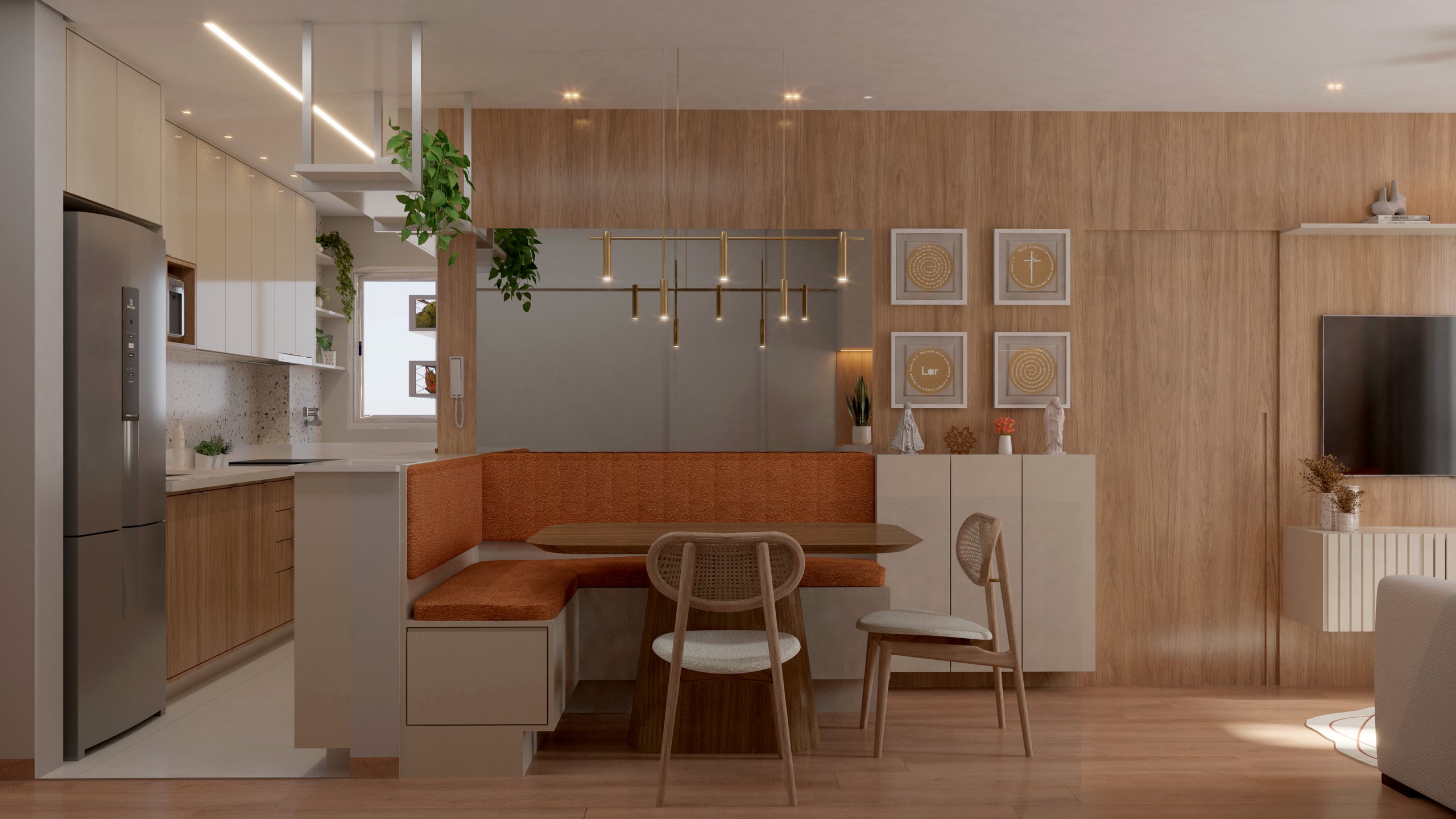 Cozinha integrada à sala de jantar com banco em L estofado em terracota, painel de madeira e cadeiras de palhinha — Projeto MP, Sertãozinho